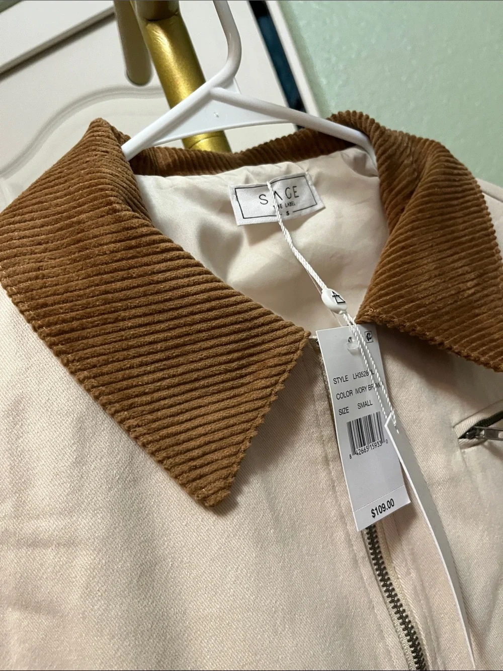 Sage The Label Cream Zip-Front Jacket w/ Brown Corduroy Collar Womens Small NWT